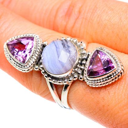 Sterling silver ring with oval blue and two purple teardrop stones, ornate bezels