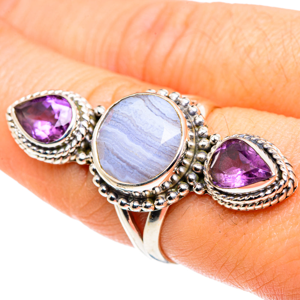 Sterling silver oval ring with blue lace agate center and purple amethyst side stones