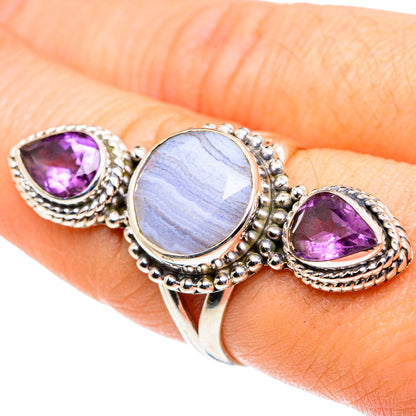 Sterling silver oval ring with blue lace agate center and purple amethyst side stones