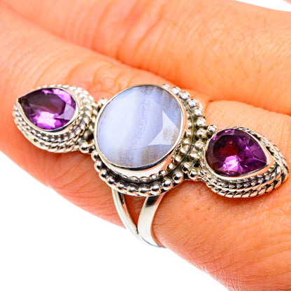 Sterling silver statement ring with blue lace agate center and purple amethyst side stones