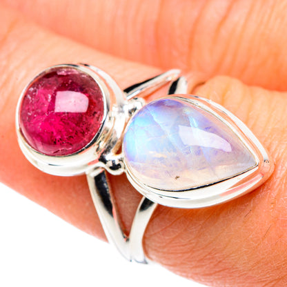 Sterling silver ring with round pink gemstone and pear moonstone, size 7