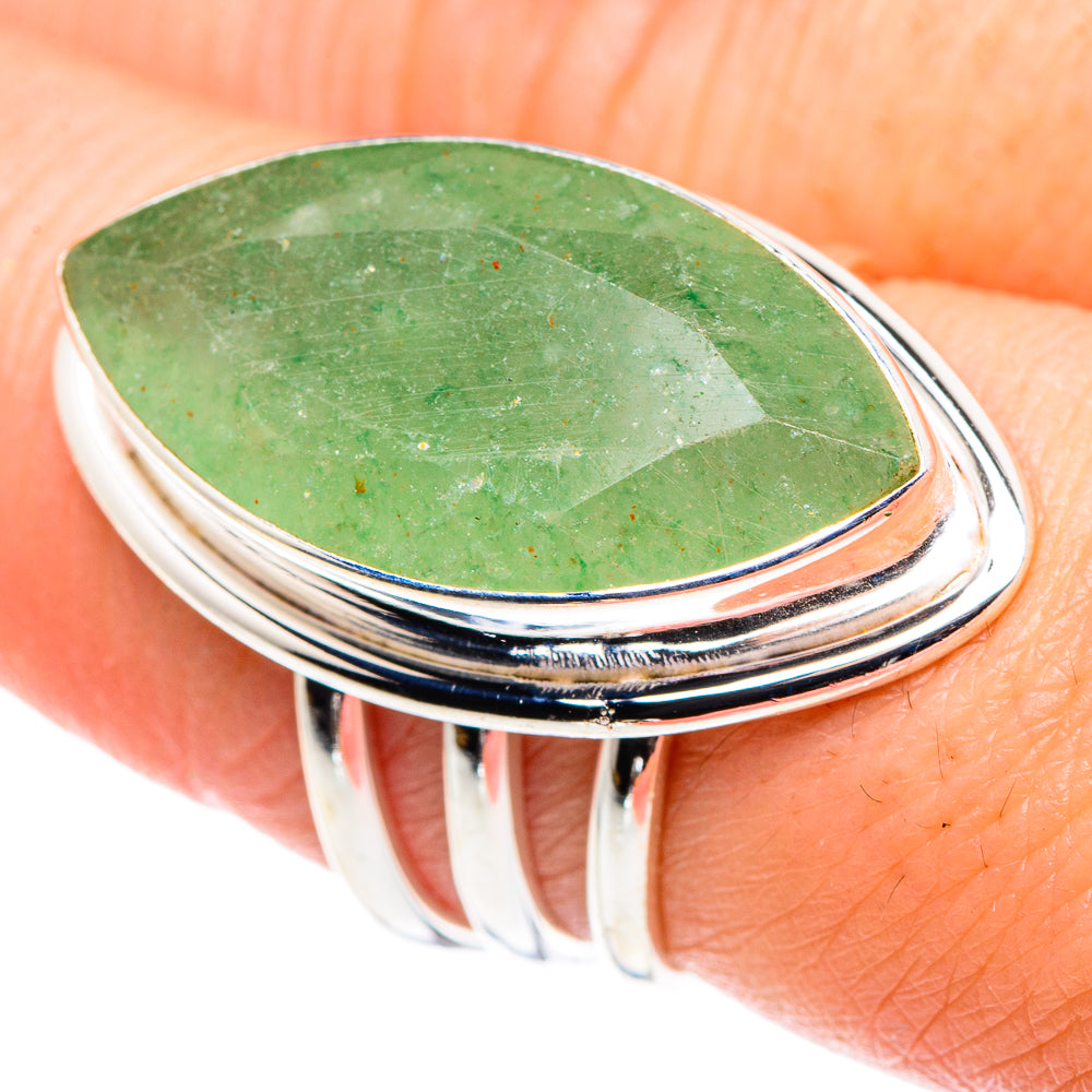 Large prehnite gemstone ring, oval green stone in ridged 925 sterling silver setting