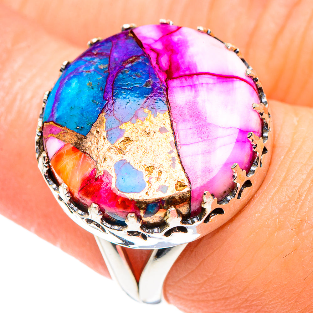 925 sterling silver ring with oval multicolor stone cabochon, hot pink and turquoise