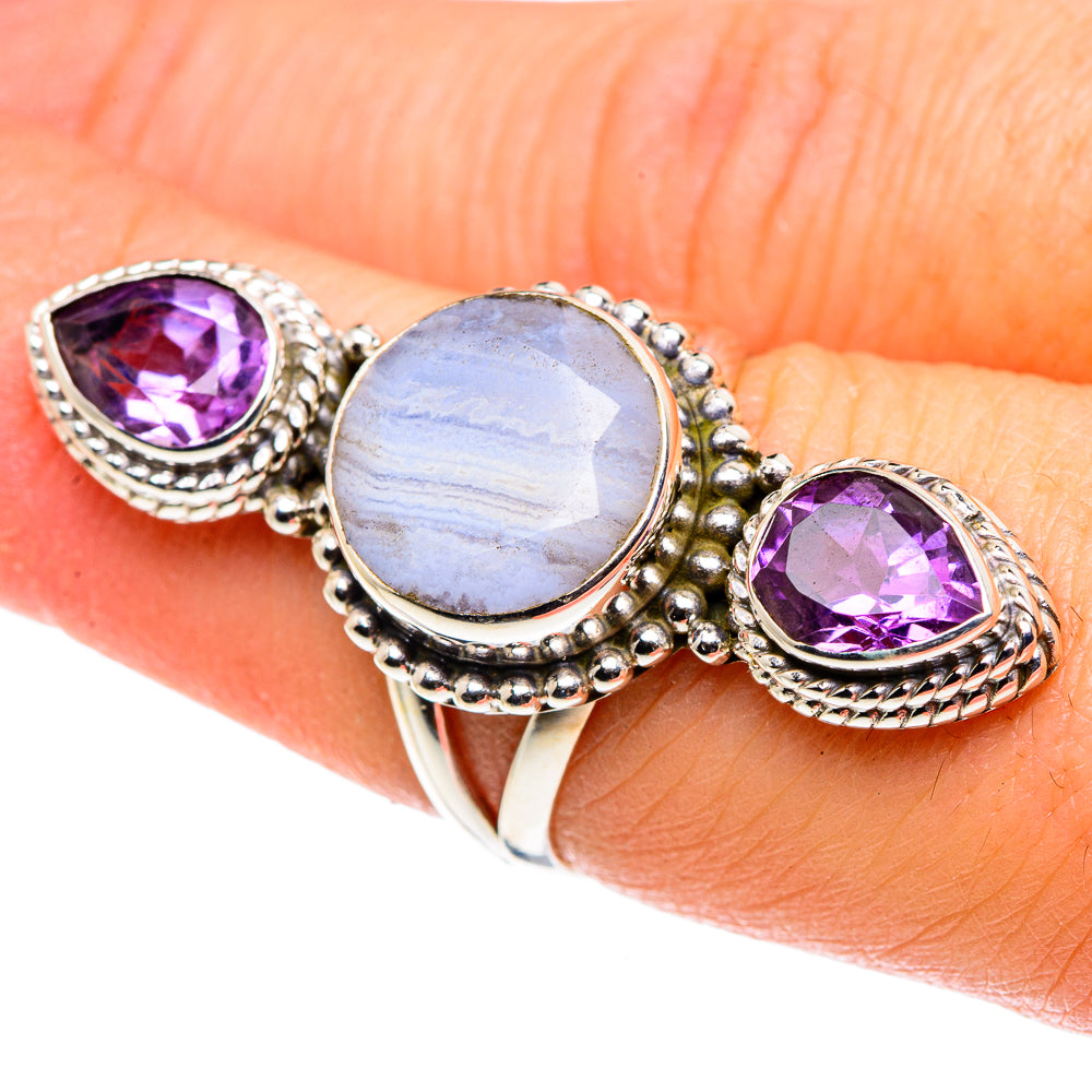 Sterling silver ring with round light-blue lace agate center and two oval amethyst stones