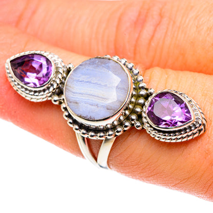Sterling silver ring with round light-blue lace agate center and two oval amethyst stones