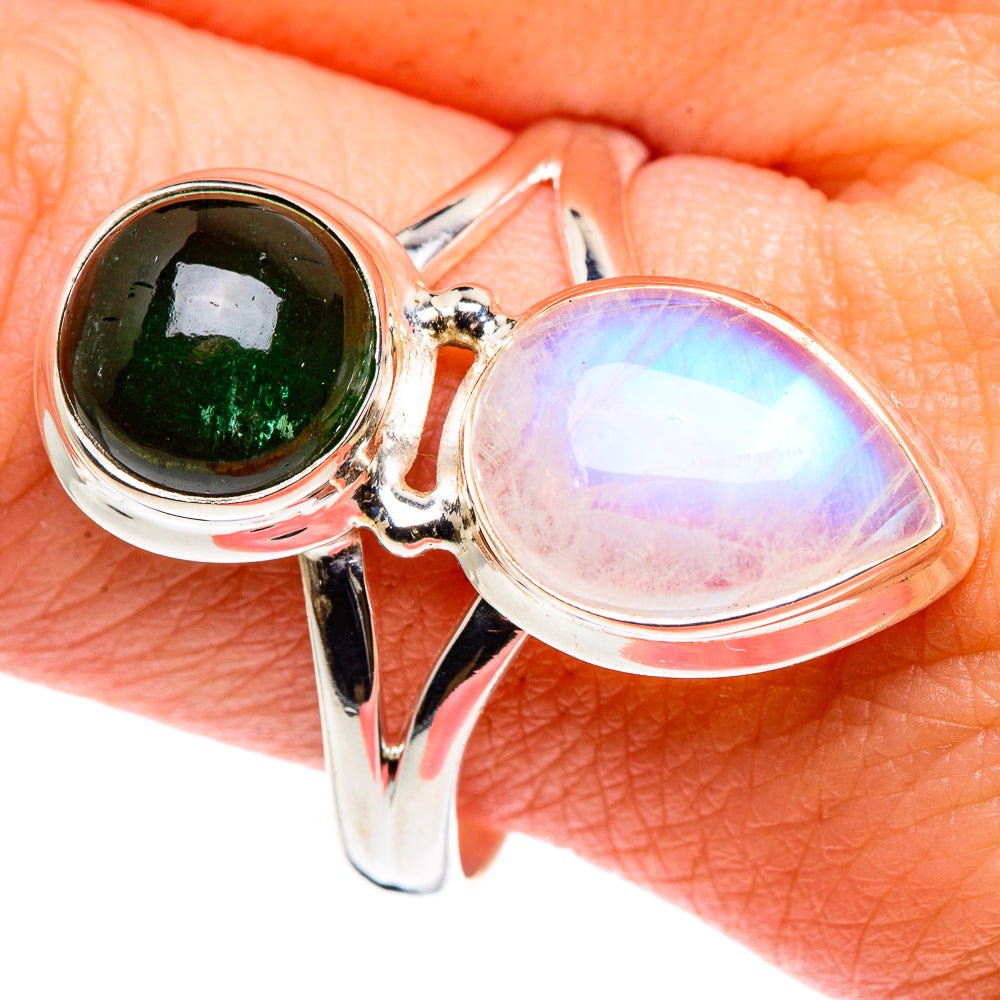 Rainbow Moonstone, Green Tourmaline Rings handcrafted by Ana Silver Co - RING90322