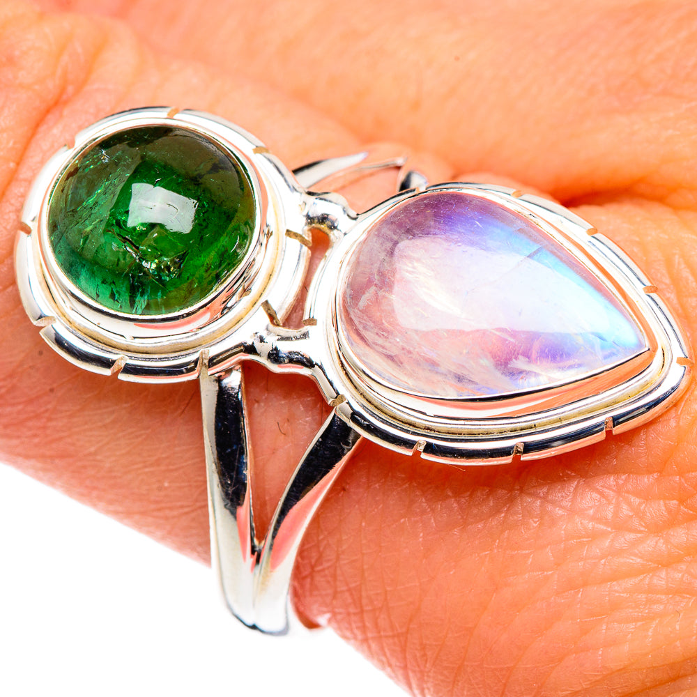 Rainbow Moonstone, Green Tourmaline Rings handcrafted by Ana Silver Co - RING90411