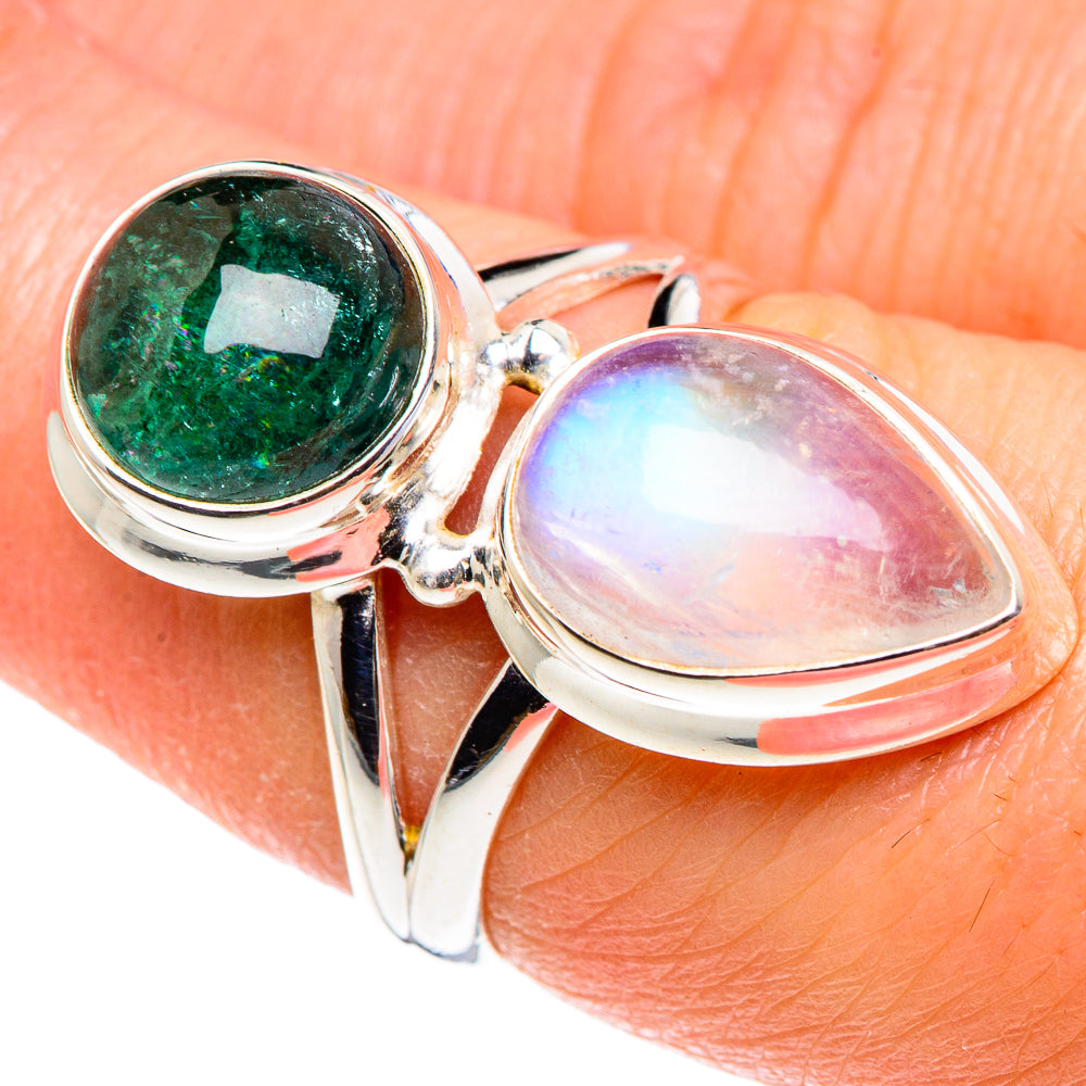 Rainbow Moonstone, Green Tourmaline Rings handcrafted by Ana Silver Co - RING90461