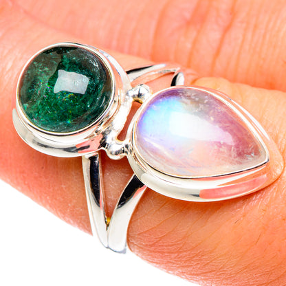 Rainbow Moonstone, Green Tourmaline Rings handcrafted by Ana Silver Co - RING90461
