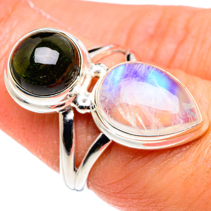 Rainbow Moonstone, Green Tourmaline Rings handcrafted by Ana Silver Co - RING90509
