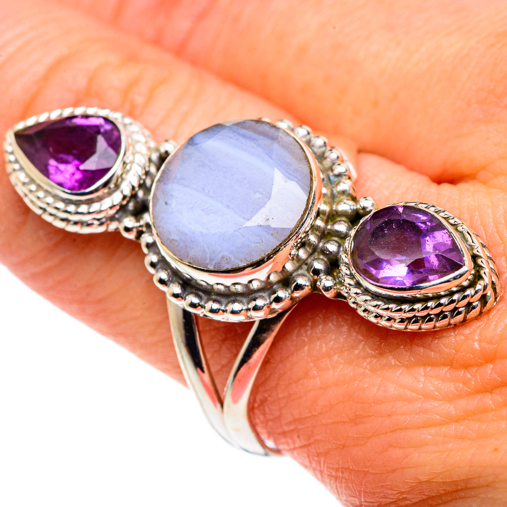 Blue Lace Agate, Amethyst Rings handcrafted by Ana Silver Co - RING90569