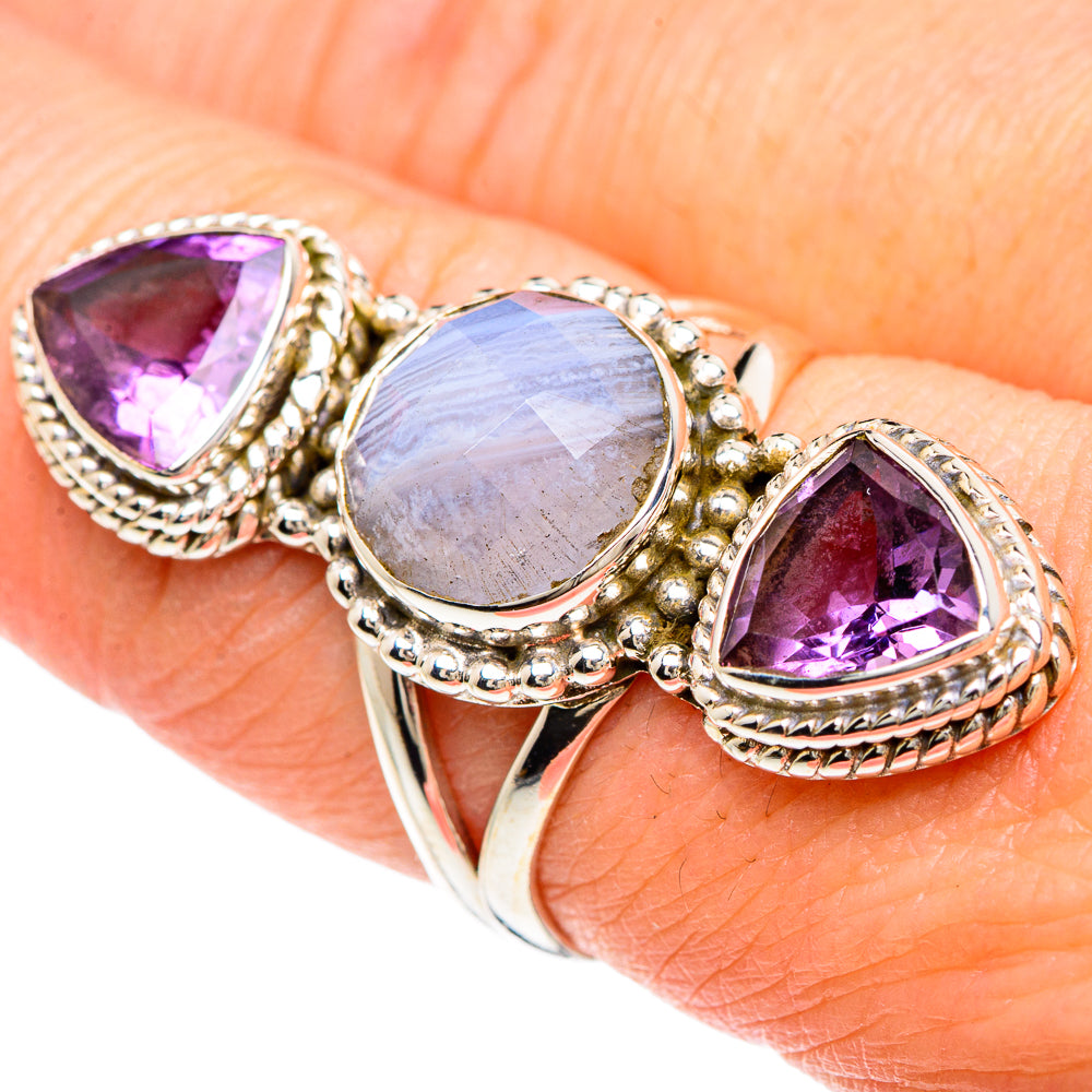 Sterling silver ring with two purple amethyst teardrops and blue lace agate center