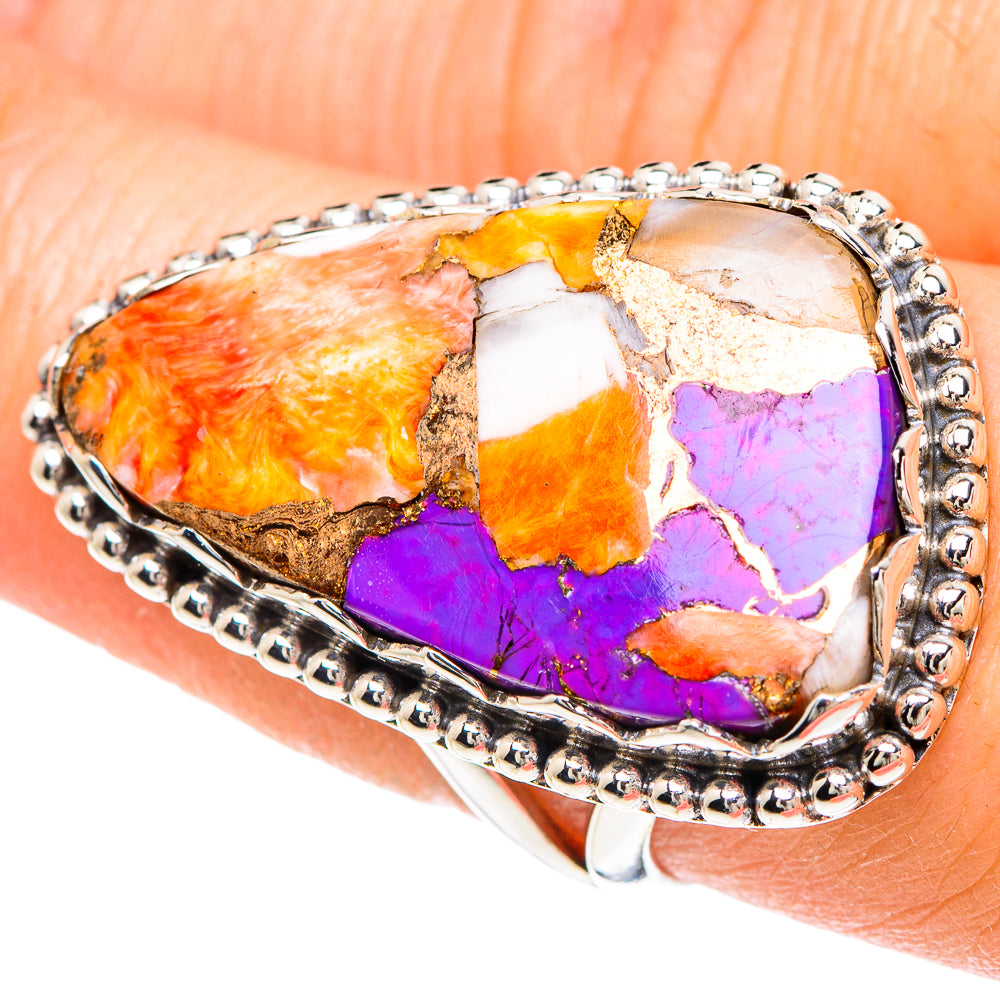 Multi-color mosaic oval ring with purple and orange stone, silver beaded border