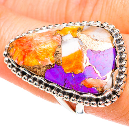 Multi-color mosaic oval ring with purple and orange stone, silver beaded border