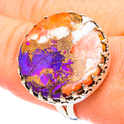 Large oval cabochon gemstone ring, multicolor orange purple white, silver scalloped bezel