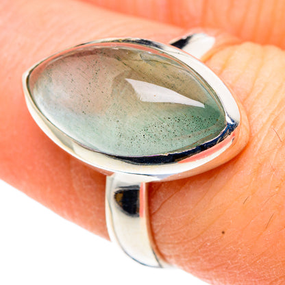 Sterling silver aquamarine ring, size 7, close-up of oval bezel setting and band