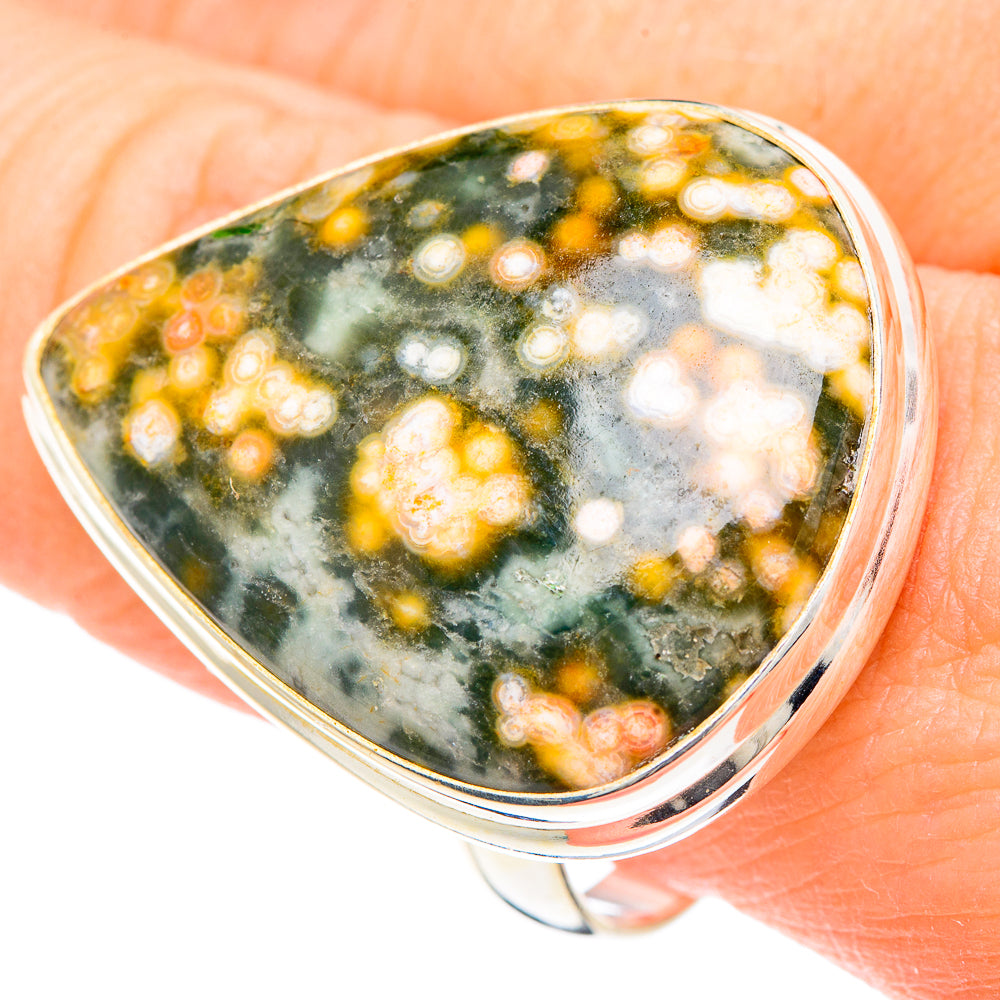 Ocean jasper cabochon sterling silver ring, teardrop bezel, green with yellow/orange speckles