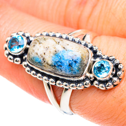 Sterling silver ring with oval blue azurite and two side blue round stones, size 7.25