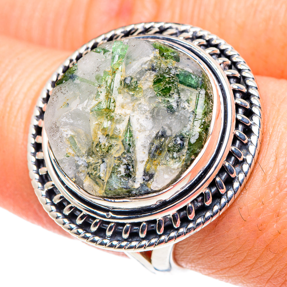 Sterling silver oval tourmaline-in-quartz ring with green stone bezel, size 8
