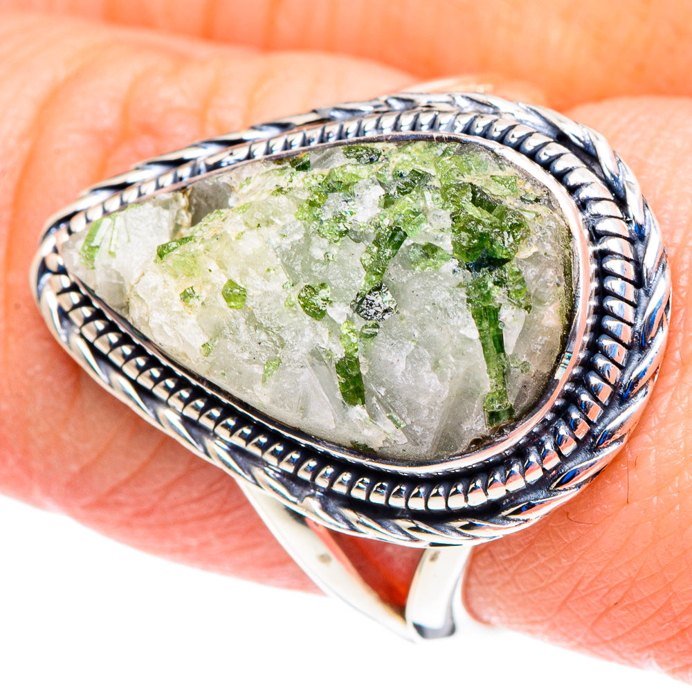 Sterling silver oval gemstone ring with green tourmaline in quartz, rope-edge bezel