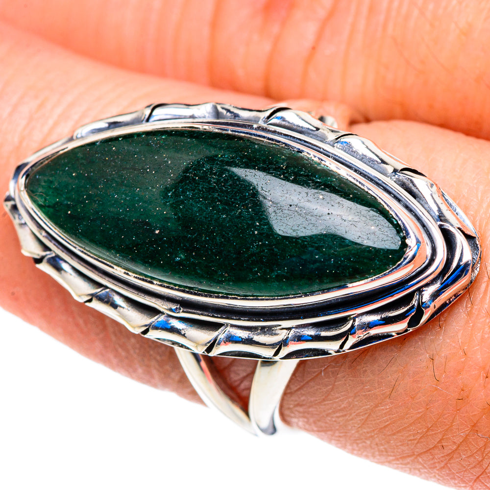 Sterling silver ring with large oval green aventurine gemstone bezel, blue accents