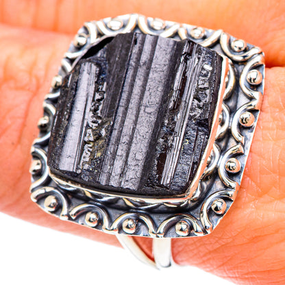 Large rough black tourmaline ring with ornate 925 sterling silver bezel setting