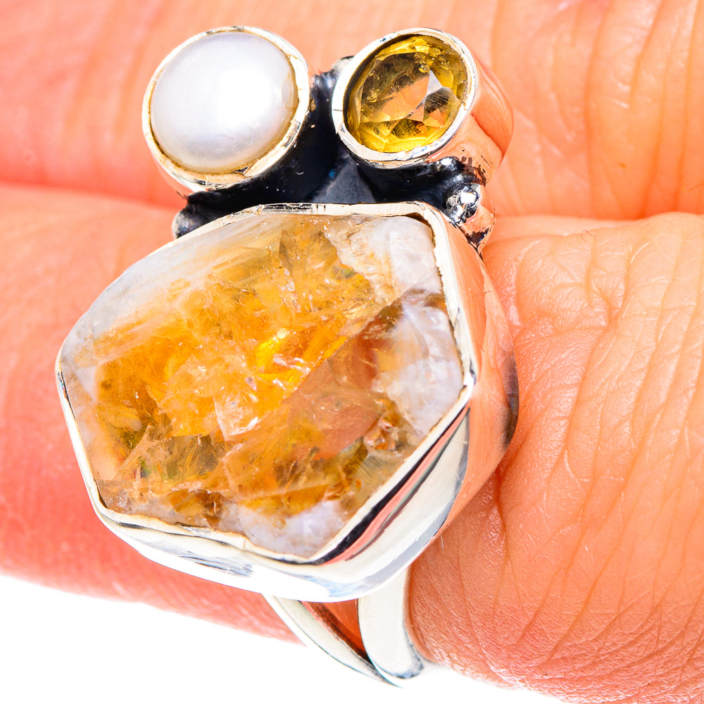 Sterling silver ring with oval white cultured pearl, yellow citrine, dark bezel