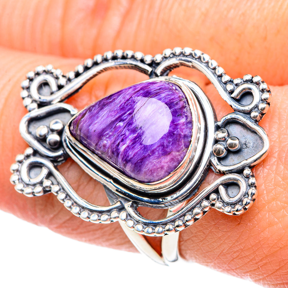 Large oval purple charoite ring in ornate 925 sterling silver setting, size 8