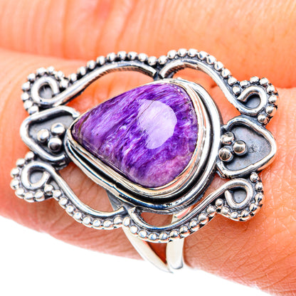 Large oval purple charoite ring in ornate 925 sterling silver setting, size 8