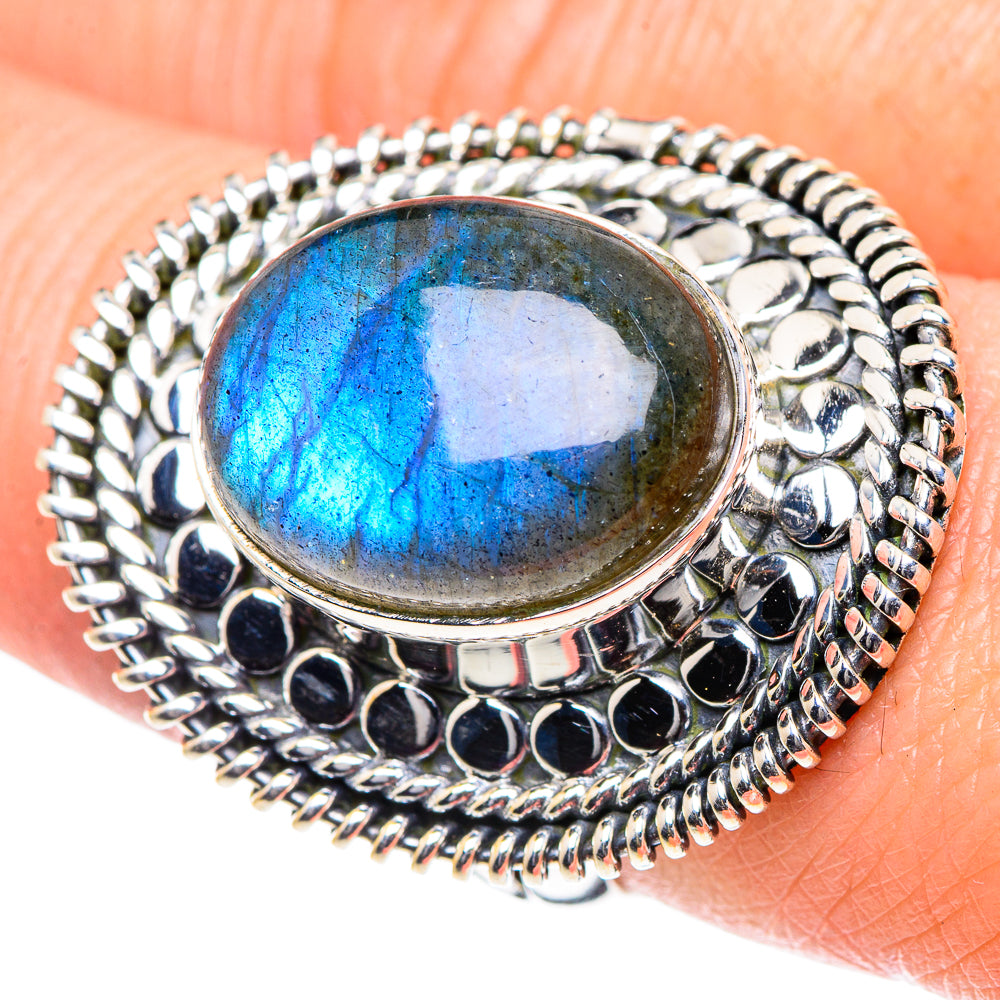 925 sterling silver oval labradorite bezel ring with bright blue iridescence, size 8