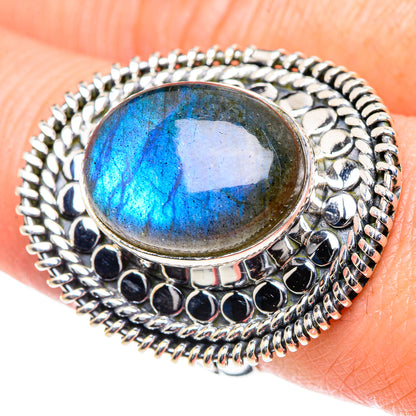 925 sterling silver oval labradorite bezel ring with bright blue iridescence, size 8