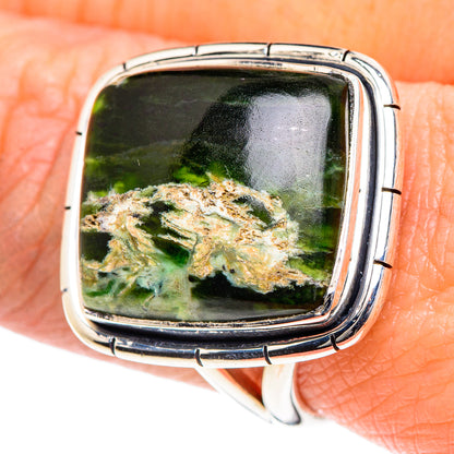 Square green opal cabochon ring, 925 sterling silver, size 9.25.