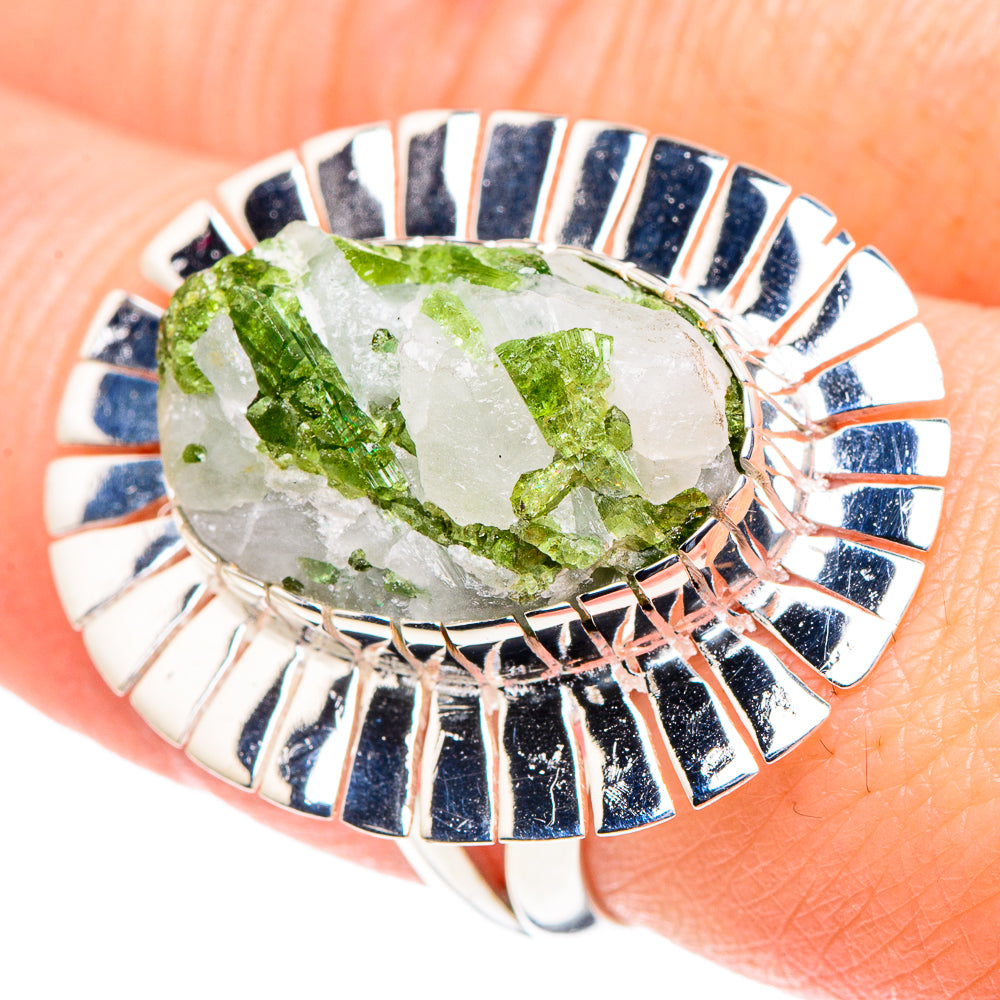 Silver ring with oval green tourmaline and quartz, blue and white enamel fan details