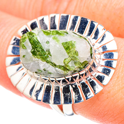 Silver ring with oval green tourmaline and quartz, blue and white enamel fan details