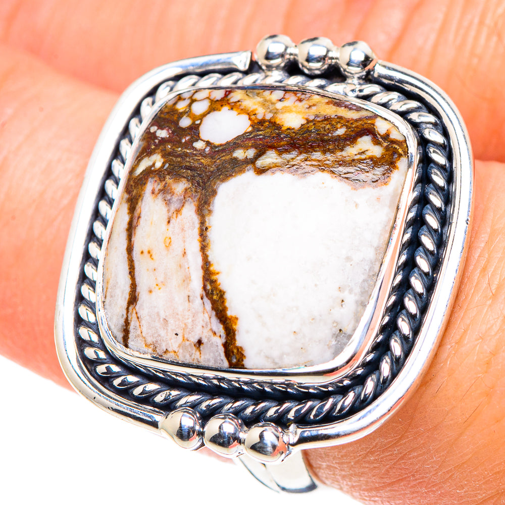 Large wild horse jasper ring, 925 sterling silver with oval bezel; white stone, brown veining