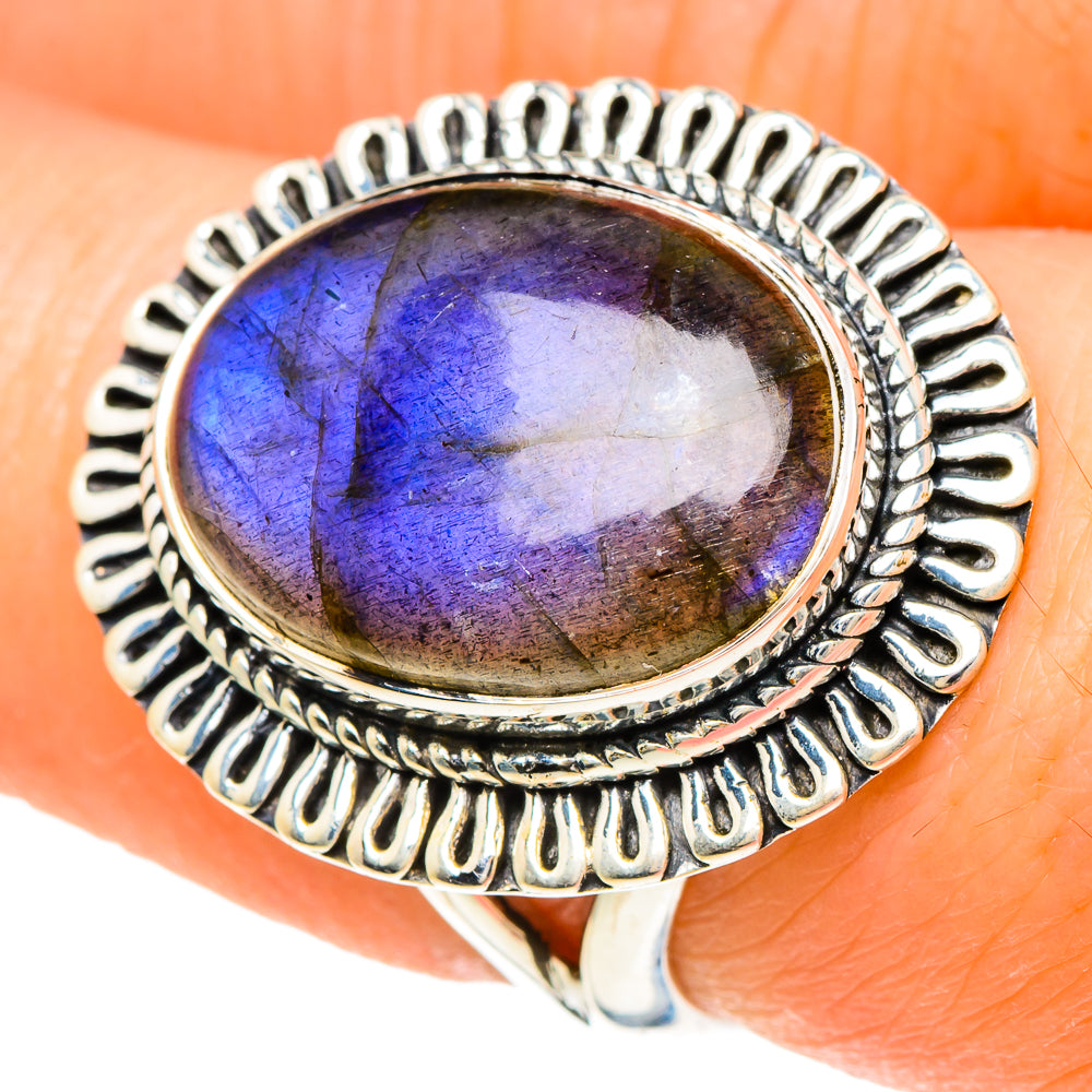 Oval labradorite cabochon sterling silver ring, blue-purple flash, size 7