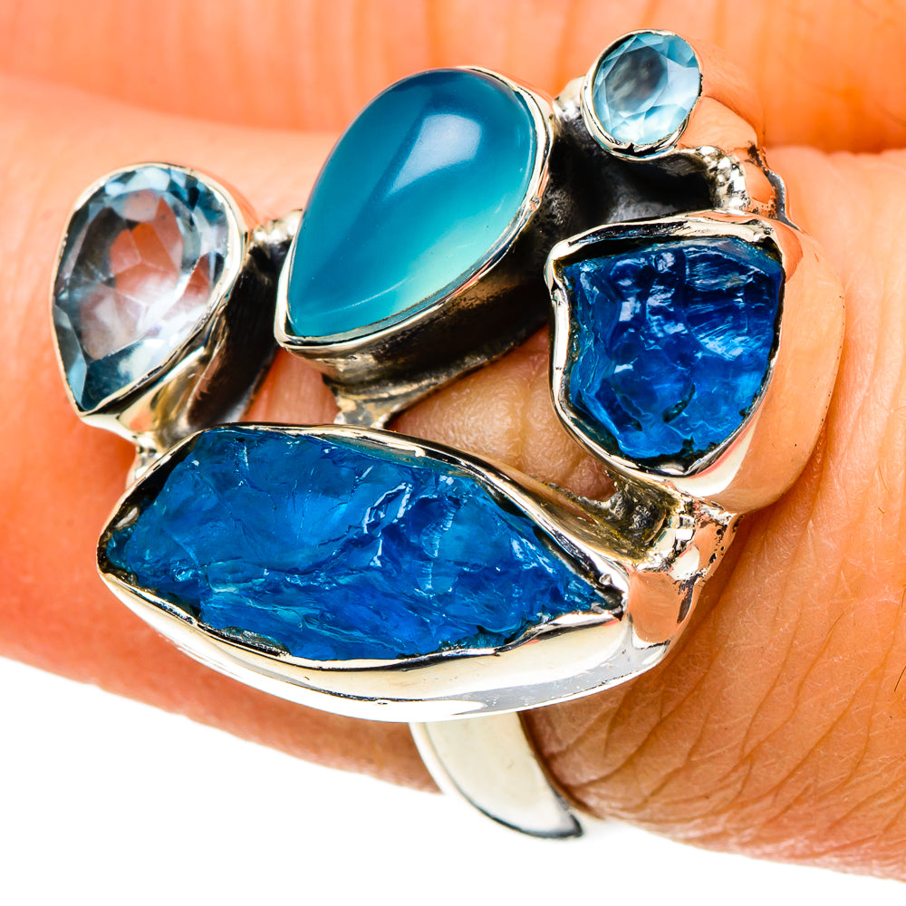 Sterling silver gemstone ring with faceted light-blue stone, oval aqua stone, rough blue stone