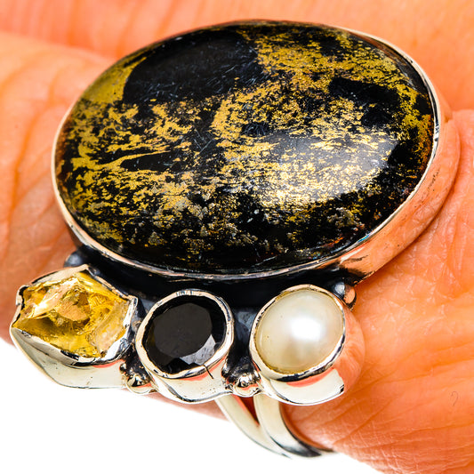 Pyrite In Black Onyx Rings handcrafted by Ana Silver Co - RING94184