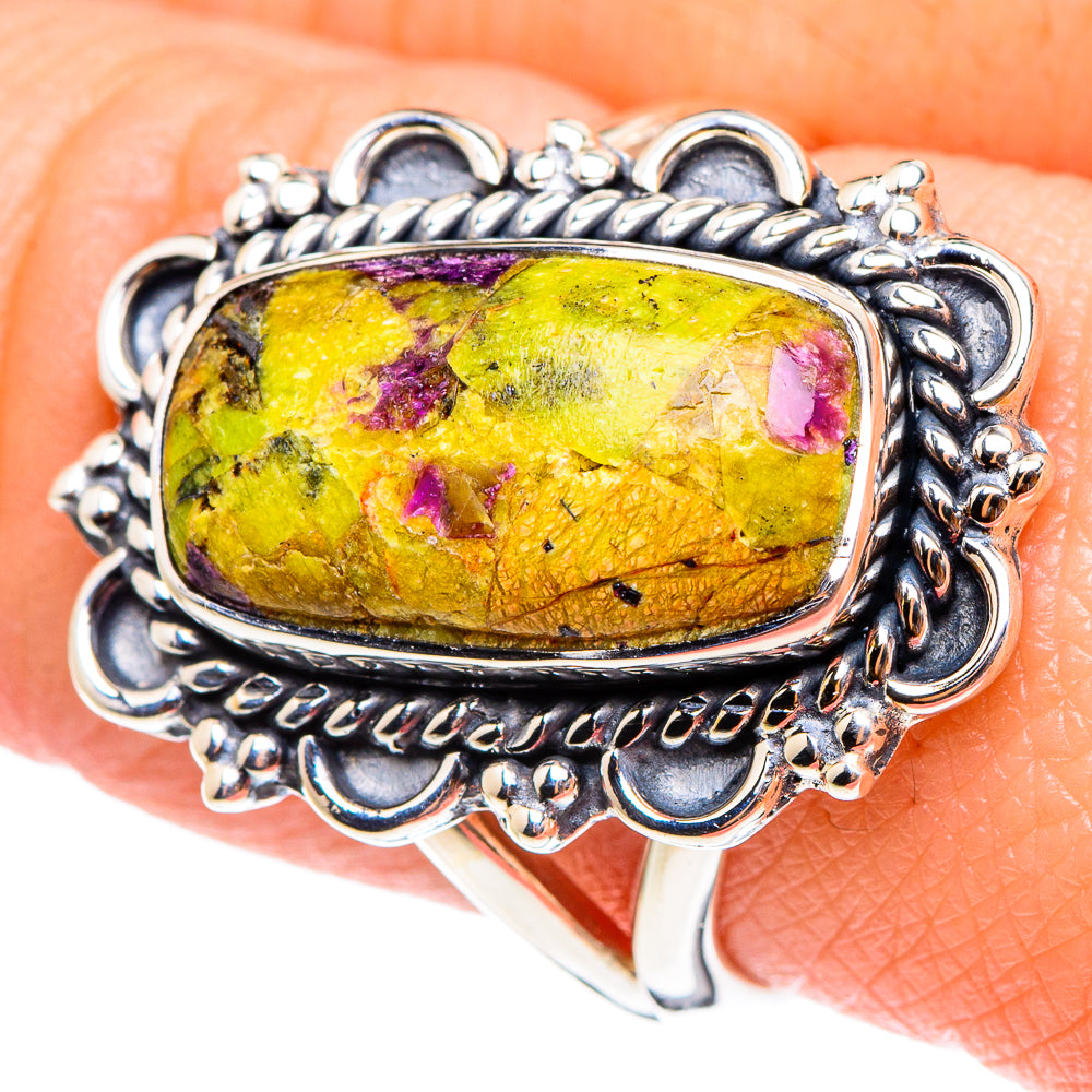 Sterling silver oval gemstone ring with bright yellow and purple stone cabochon