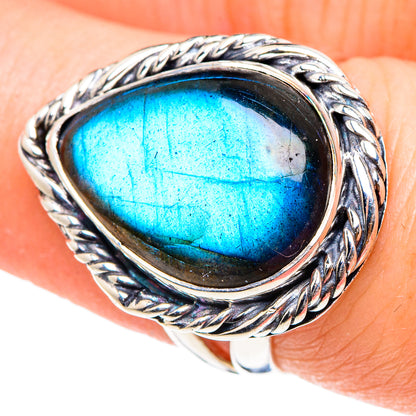 925 sterling silver labradorite oval ring with braided rope bezel, bright blue flash