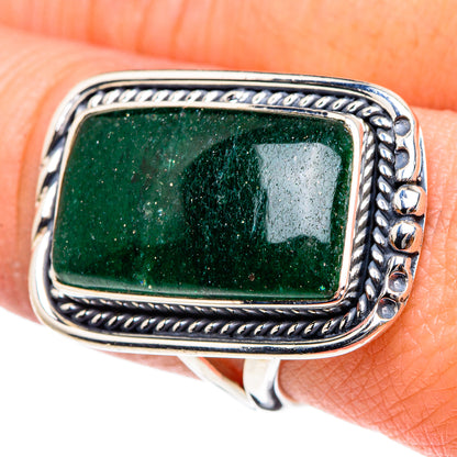 Sterling silver Aventurine ring, close-up of rectangular green stone in rope border
