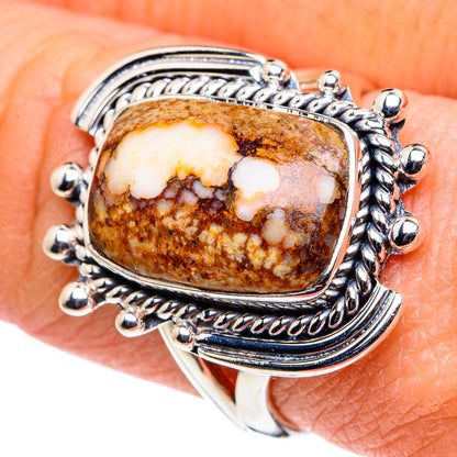 Sterling silver oval jasper ring with ornate prong bezel and brown cream stone detail