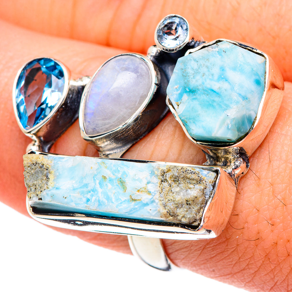 Larimar, Rainbow Moonstone, Blue Topaz Rings handcrafted by Ana Silver Co - RING94865