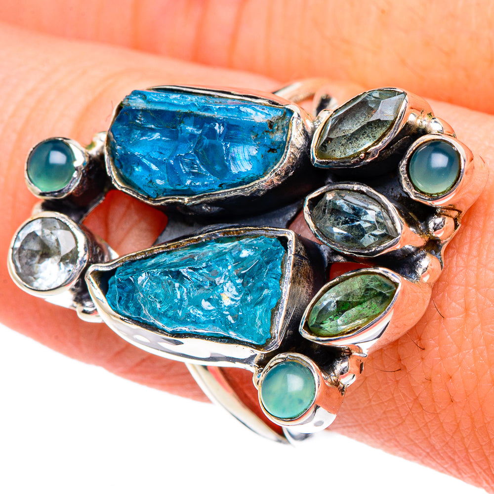 Sterling silver rough blue gemstone ring with green cabochons