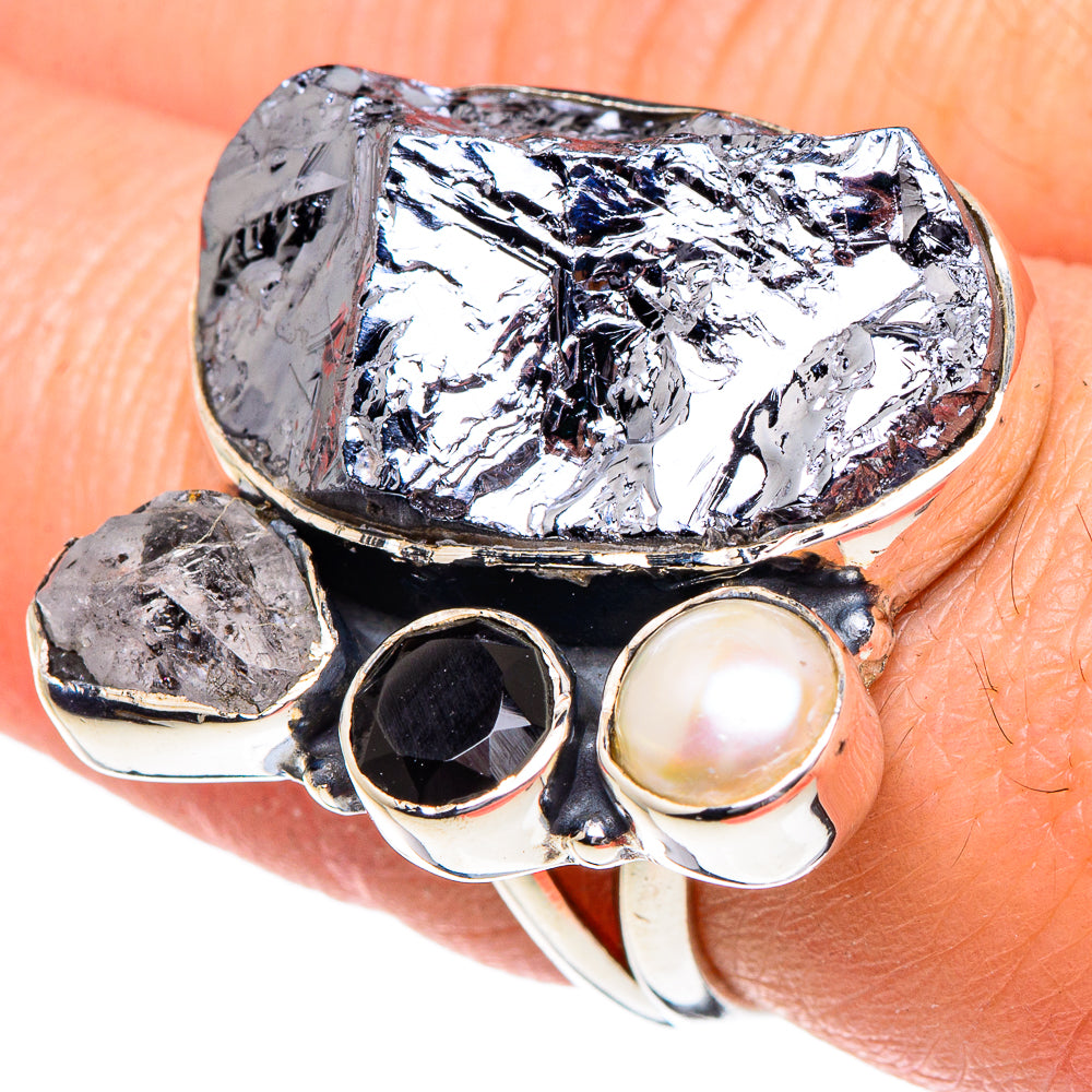 Galena, Herkimer Diamond, Black Onyx, Cultured Pearl Rings handcrafted by Ana Silver Co - RING94940