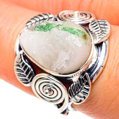 Oval quartz ring with green tourmaline inlaid, ornate 925 sterling silver band