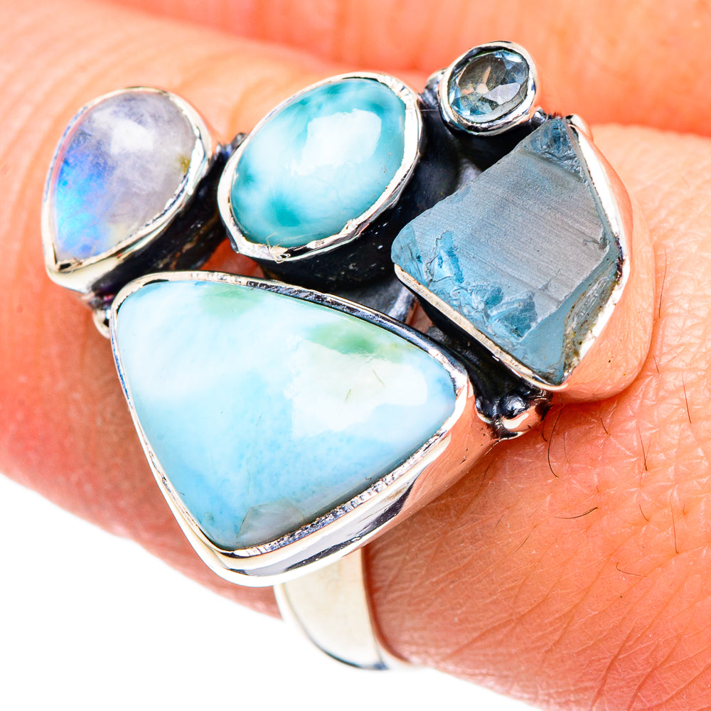 Larimar, Aquamarine, Blue Topaz, Rainbow Moonstone Rings handcrafted by Ana Silver Co - RING95019