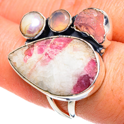 Sterling silver ring with large teardrop rose quartz, rough pink accent, and pearls