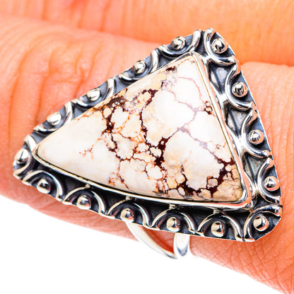 Sterling silver jasper ring with triangular cabochon, ornate bezel and white-brown marbling