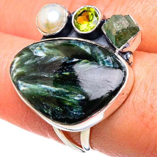 Seraphinite, Green Tourmaline, Peridot, Cultured Pearl Rings handcrafted by Ana Silver Co - RING95129